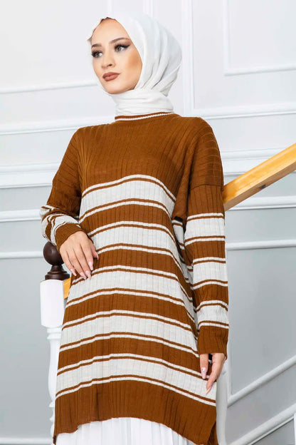 Women Clothing Striped Crew Neck Hijab Sweater Abaya İslamic Tunique Femme Musulman Autumn Winter Solid Thick Warm Loose