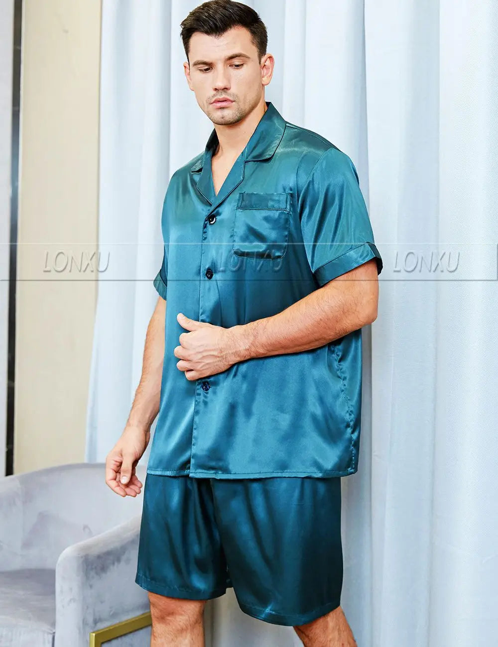 Mens Silk Satin Pajamas Pyjamas PJS  Short  Set  Sleepwear Loungewear  S,M,L,XL,2XL,3XL,4XL