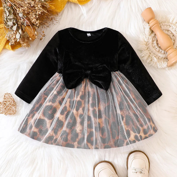 Girls Black Leopard Velvet Dress Little Kids Velour Big Bow Fashionable Fall Winter Party Dress