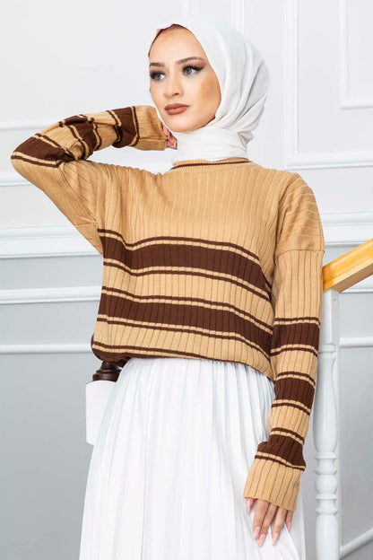 Women Clothing Striped Crew Neck Hijab Sweater Abaya İslamic Tunique Femme Musulman Autumn Winter Solid Thick Warm Loose