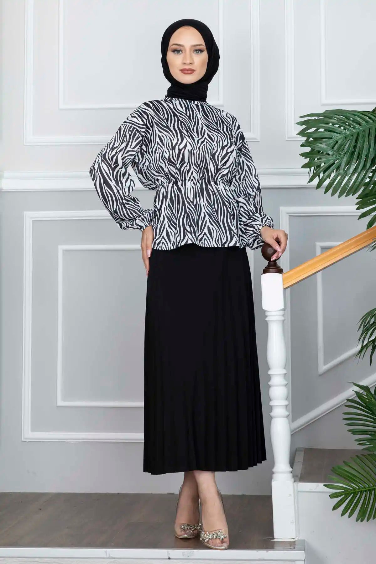 Women Clothing Zebra Patterned Hijab Skirt Suit Autumn Blouses Fashion Muslim Sets Long Sleeve Turkish Pants Abaya Solid İslamic