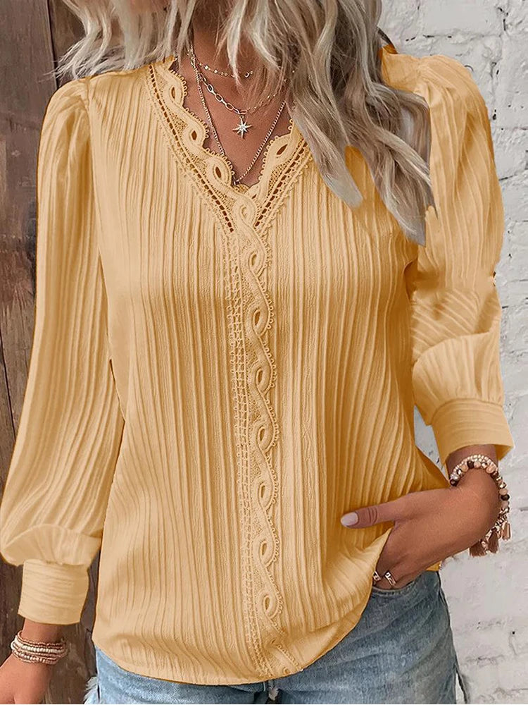 Women's Lace Stitching Shirt Loose Stitching V-neck Long Sleeve Pullover Chiffon Shirt Fall Top Simple Elegant Street Blouse