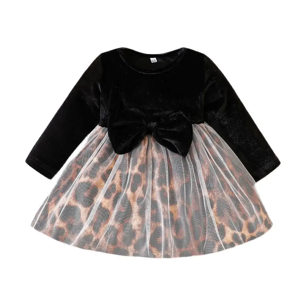 Girls Black Leopard Velvet Dress Little Kids Velour Big Bow Fashionable Fall Winter Party Dress