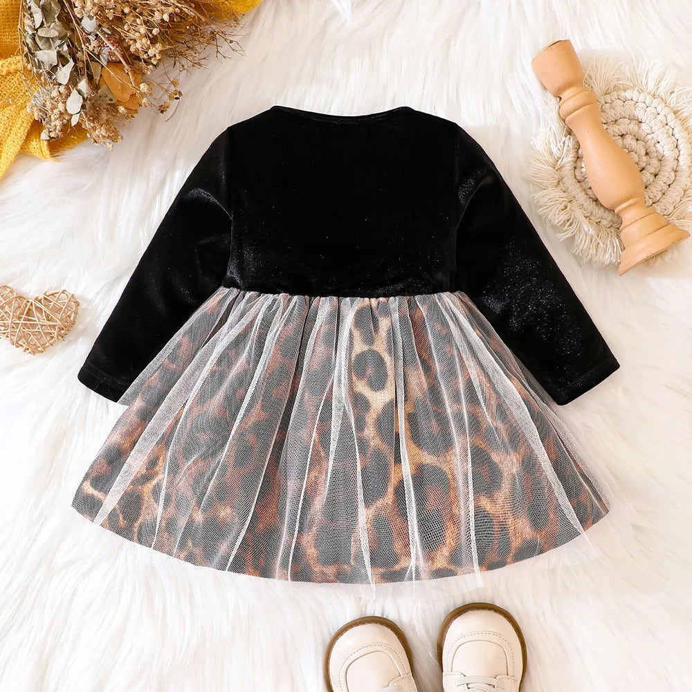 Girls Black Leopard Velvet Dress Little Kids Velour Big Bow Fashionable Fall Winter Party Dress