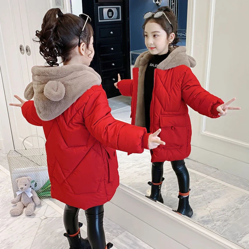 4 5 6 7 8 9 10 11 12 Years Winter Girls Jacket Plus Velvet Keep Warm Cute Bear Hooded Little Princess Coat Children's Clothing