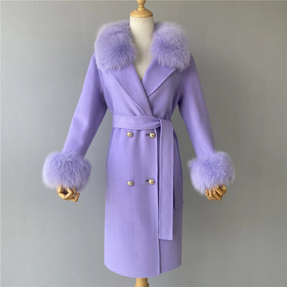 Women's Cashmere Wool Coat Spring Real Fox Fur Collar Woolen Trench Jacket Winter Adjustable Waist Slim Ladies Long Overcoat