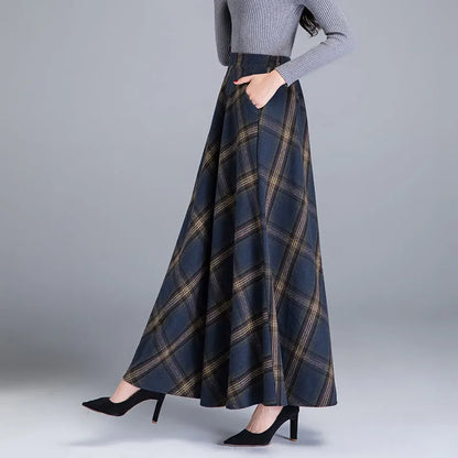 Mom High Waist Woolen plaid Skirts Autumn Winter Women's 3XL Wool Maxi Skirts Female Fashion Casual Long Streetwear