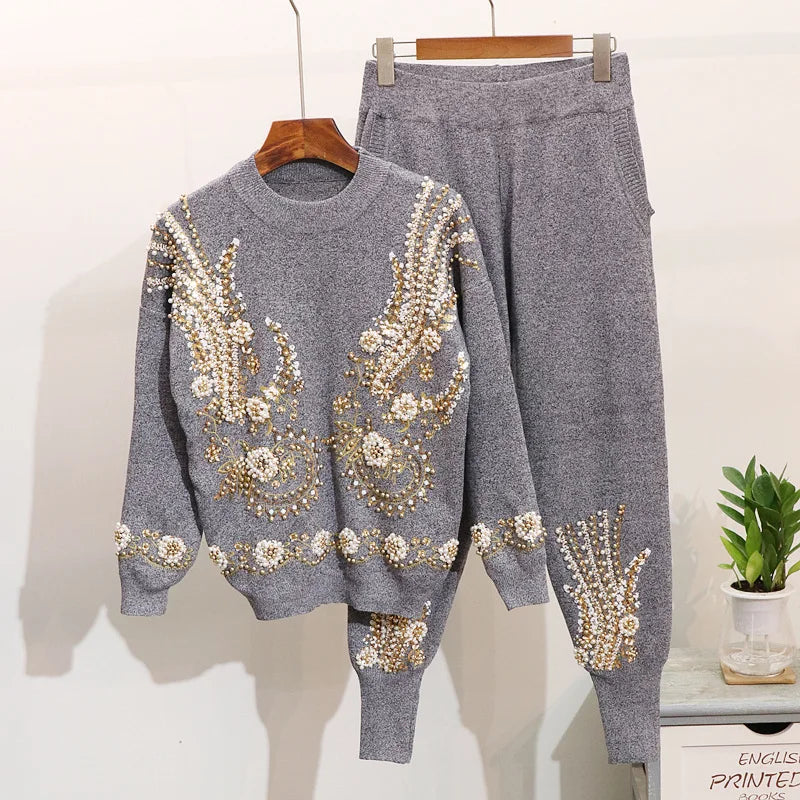 Autumn Women's Beads Embroidery Knitwear Sweater Knitting Pants Two Piece Knitting Set Female Plus Size Sweater Set winter