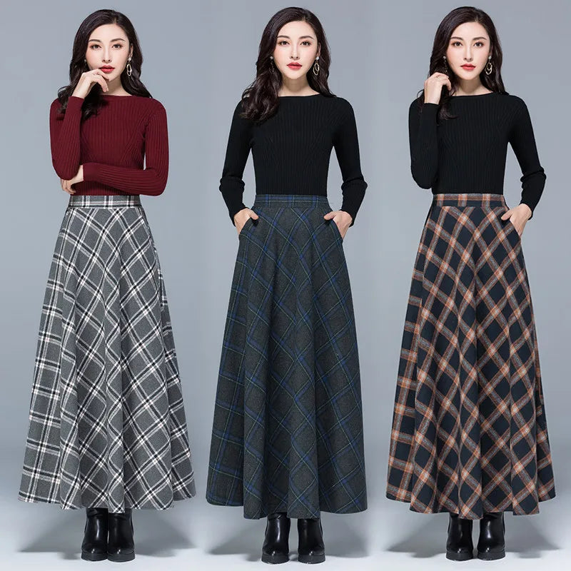 Mom High Waist Woolen plaid Skirts Autumn Winter Women's 3XL Wool Maxi Skirts Female Fashion Casual Long Streetwear