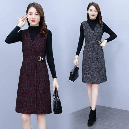 Autumn Winter Black Sweater Vest Dress Sets Women Thick Warm Midi Dress Two-piece Suit  Elegan Bodycon Vintage Party Vestido