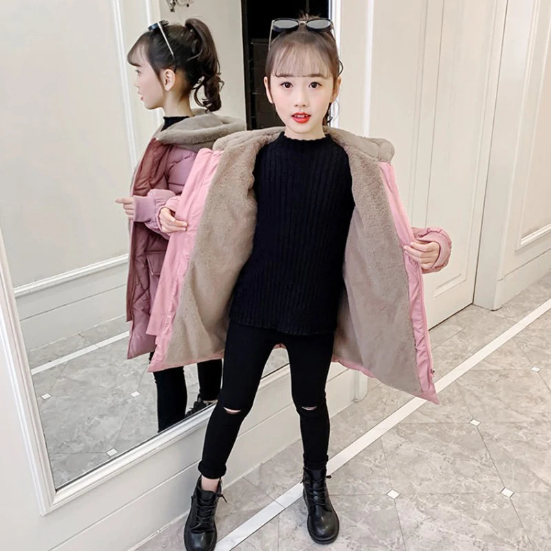 4 5 6 7 8 9 10 11 12 Years Winter Girls Jacket Plus Velvet Keep Warm Cute Bear Hooded Little Princess Coat Children's Clothing