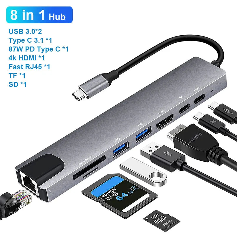 USB C Hub 8 In 1 Type C 3.1 To 4K HDMI Adapter with RJ45 SD/TF Card Reader PD Fast Charge for MacBook Notebook Laptop Computer