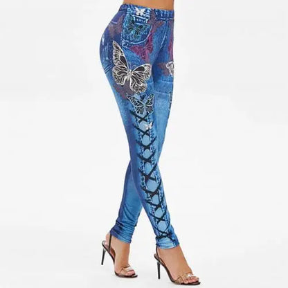 Skinny High Waist Women Pants Butterfly Print Lace-up Elastic Jogging Sports Trousers Hip Lift Jeans Women Pencil Pants