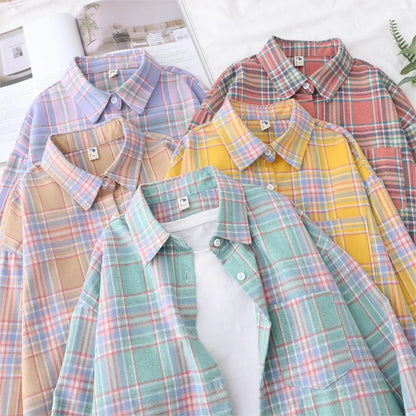 New Fashion Loose Womens Plaid Shirt Fresh College Style Design Blouses And Tops Long Sleeve Casual Female Checked Clothes