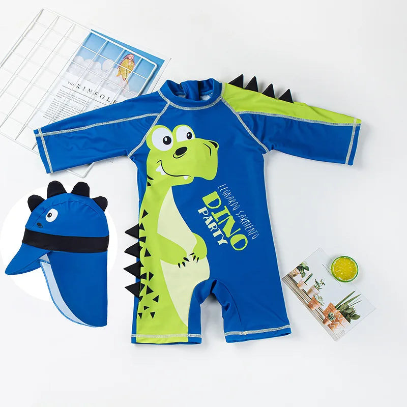 Baby Swimsuit One-Piece Bathing Suit Boy with Sun Cap UPF50 UV Protection Long Sleeve Dinosaur Children's Swimwear for Toddlers