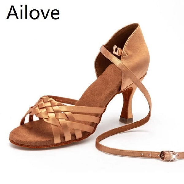 Women`s Ballroom Latin Salsa Dance Shoes Handmade Sandals with Soft Suede Sole 6.5/7.5 CM Heel ALS013