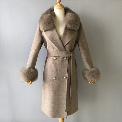 Women's Cashmere Wool Coat Spring Real Fox Fur Collar Woolen Trench Jacket Winter Adjustable Waist Slim Ladies Long Overcoat