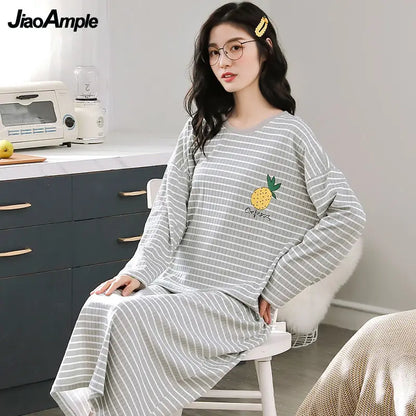 100% Cotton Nightdress Women's Spring Autumn New Long-sleeved Loose Striped Pijamas Female Loose Cute Nightwear