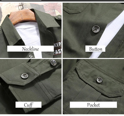 Men's Military Casual Shirt Cotton Khaki Retro Slim Fit Pocket Long Sleeve Streetwear