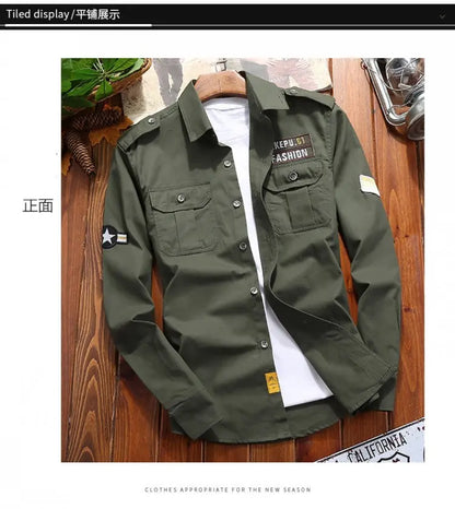 Men's Military Casual Shirt Cotton Khaki Retro Slim Fit Pocket Long Sleeve Streetwear