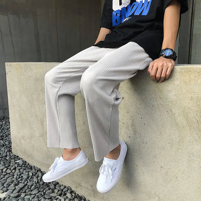 Pleated Straight Pants Men Oversized Casual Pants Men Japanese Streetwear Loose Ice Silk Pants Mens Wide Leg Trousers S-2XL