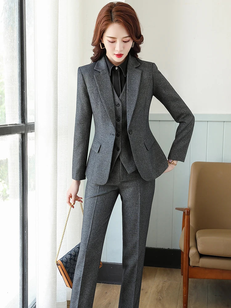 Black Blue Gray 3 Piece Set Women Pant Suit Office Ladies Formal Business Work Career Wear Vest Blazer Jacket and Trousers