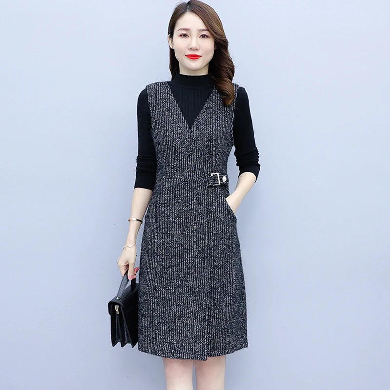 Autumn Winter Black Sweater Vest Dress Sets Women Thick Warm Midi Dress Two-piece Suit  Elegan Bodycon Vintage Party Vestido