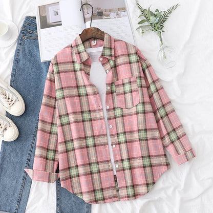 New Fashion Loose Womens Plaid Shirt Fresh College Style Design Blouses And Tops Long Sleeve Casual Female Checked Clothes