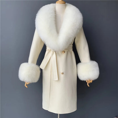 Women's Cashmere Wool Coat Spring Real Fox Fur Collar Woolen Trench Jacket Winter Adjustable Waist Slim Ladies Long Overcoat