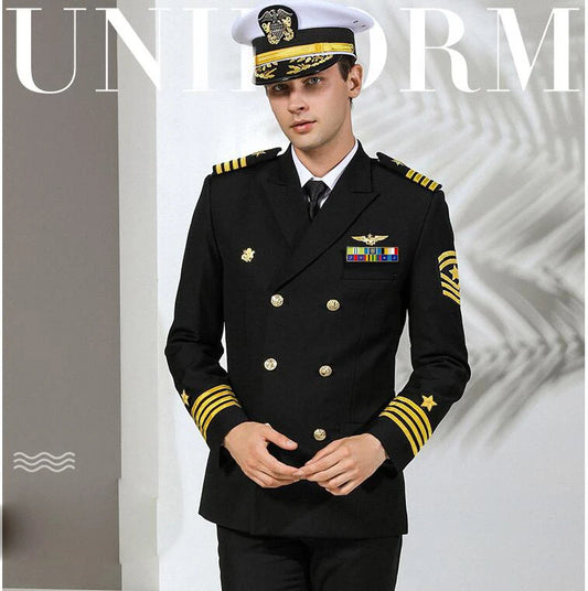 Europe Standard Navy Uniform Black Military Clothes Men International Navy Formal Attire White Military Suits Hat Jacket + Pants