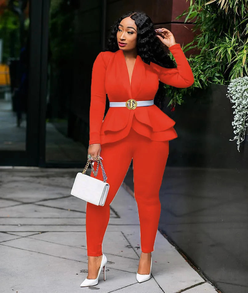 New Women Winter Women's Set Tracksuit Full Sleeve Ruffles Blazers Pencil Pants Suit Two Piece Set Office Lady Outfits Uniform