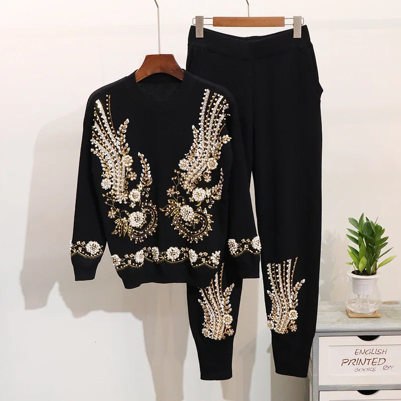 Autumn Women's Beads Embroidery Knitwear Sweater Knitting Pants Two Piece Knitting Set Female Plus Size Sweater Set winter