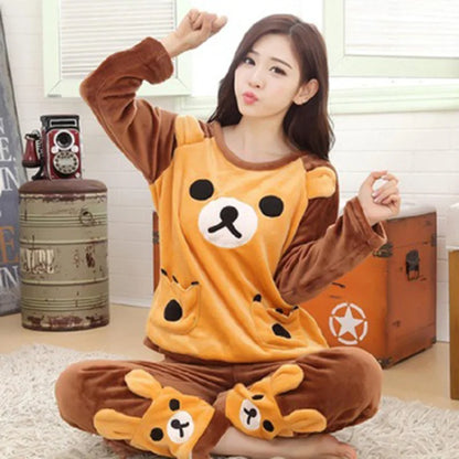 Autumn Winter Pajamas Set Women Sleep Shirt & Pant Set Sleepwear Warm Flannel Nightgown Female Cartoon Bear Animal Pijamas