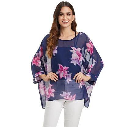 BHflutter 4XL 5XL 6XL Plus Size Blouse Shirt Women New Striped Print Summer Tops Tees Batwing Sleeve Casual Chiffon Blouses 2025