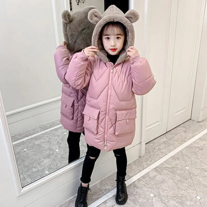 4 5 6 7 8 9 10 11 12 Years Winter Girls Jacket Plus Velvet Keep Warm Cute Bear Hooded Little Princess Coat Children's Clothing