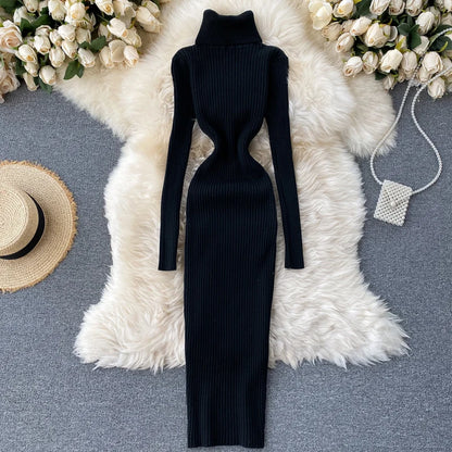 Dresses for Women Sexy Turtleneck Knitted Bodycon Dress Women Autumn Winter Long Sleeve Sweater Dress