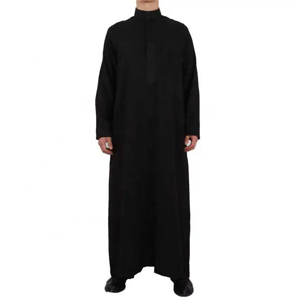 Men Qatar Muslim Moroccan Islamic Style Black Cotton Linen Long-Sleeved Stand-Up Collar Plus Size Arabian Robe Men Worship Robe