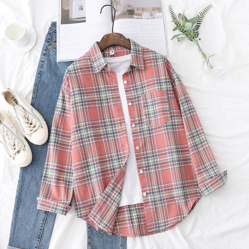 New Fashion Loose Womens Plaid Shirt Fresh College Style Design Blouses And Tops Long Sleeve Casual Female Checked Clothes