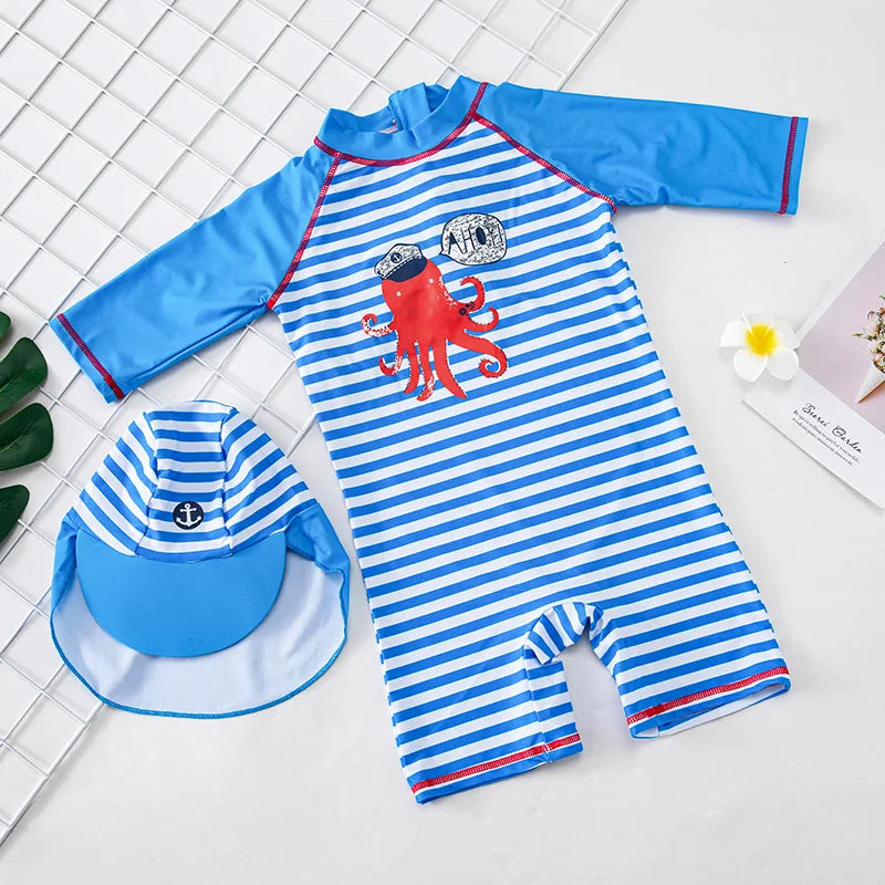 Baby Swimsuit One-Piece Bathing Suit Boy with Sun Cap UPF50 UV Protection Long Sleeve Dinosaur Children's Swimwear for Toddlers