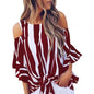 Women Chiffon Blouses Off Shoulder Ruffles Half Sleeve Sexy Round Neck Bowknot Striped Shirt Tops for Daily Wear Black Plus Size