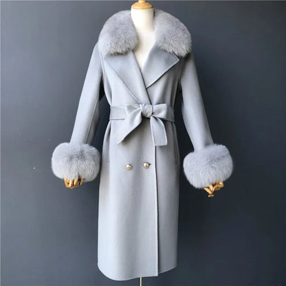 Women's Cashmere Wool Coat Spring Real Fox Fur Collar Woolen Trench Jacket Winter Adjustable Waist Slim Ladies Long Overcoat