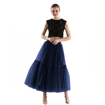 Maxi Long Tulle Skirts for Women Black Gothic Pleated Skirt Casual Party Fairycore Summer Winter Jupe Longue Falda Mujer