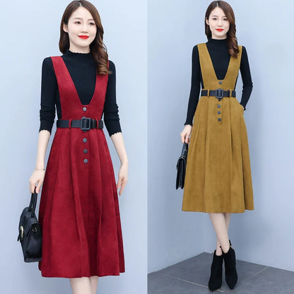 New Woolen Vest Dress Sweater Two-piece Suit Autumn Winter Vintage Casual Dress Women Thick Warm Bodycon Party Fashion Sets