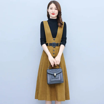 New Woolen Vest Dress Sweater Two-piece Suit Autumn Winter Vintage Casual Dress Women Thick Warm Bodycon Party Fashion Sets