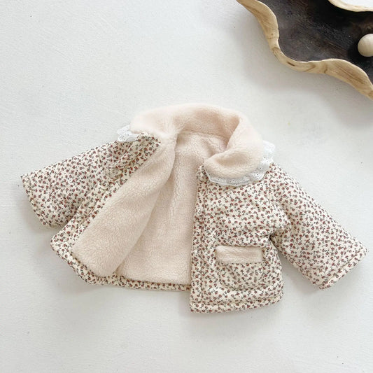 Fashion Baby Girl Winter Clothes Jacket Thick Lamb Lace Collar Infant Toddler Child Warm Floral Coat Baby Outwear Cotton 0-3y