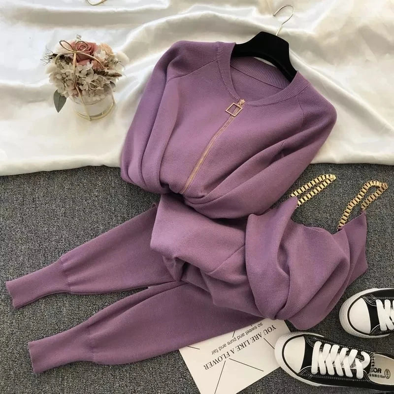 Chic New 3pcs Knitting Suit Long-Sleeved Zip Jacket Cardigans+Tank Top+Pants Women Fashion Solid Lounge Set Casual Tracksuits