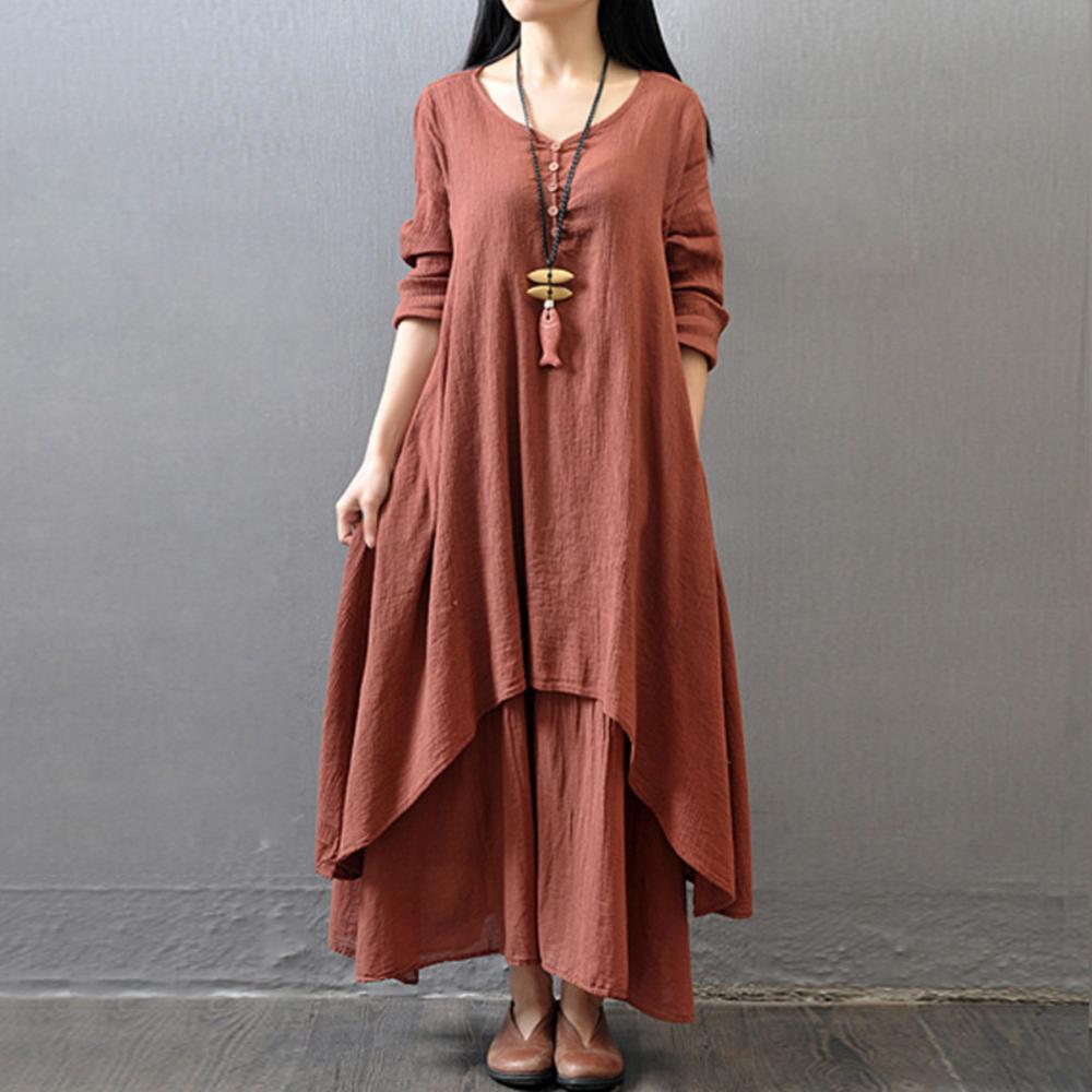 Spring Summer Women Long Cotton Linen Dress