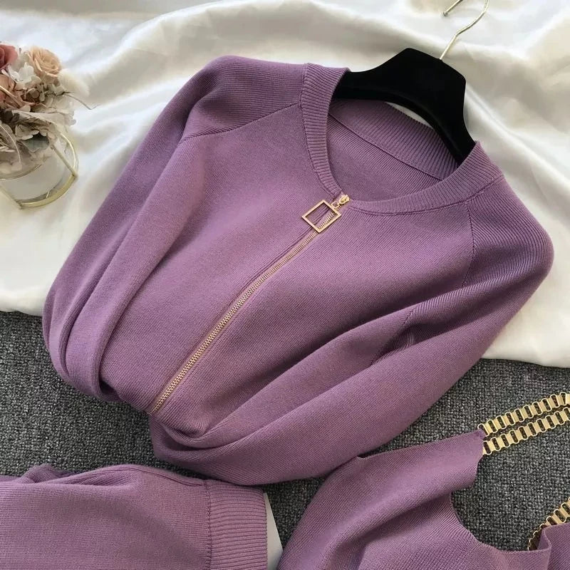 Chic New 3pcs Knitting Suit Long-Sleeved Zip Jacket Cardigans+Tank Top+Pants Women Fashion Solid Lounge Set Casual Tracksuits