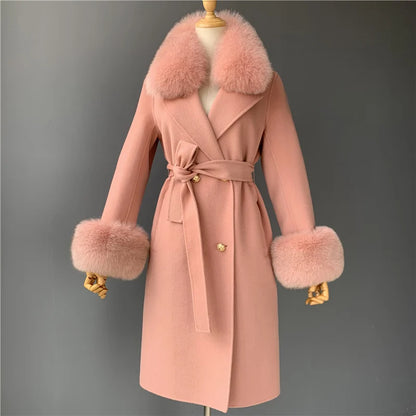 Women's Cashmere Wool Coat Spring Real Fox Fur Collar Woolen Trench Jacket Winter Adjustable Waist Slim Ladies Long Overcoat