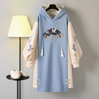 Women's Winter Chinese Style Hoodies Sweatshirt Daily Dress Hanfu Long Sleeve Embroidery Oversized Thick Cheongsam Vestidos